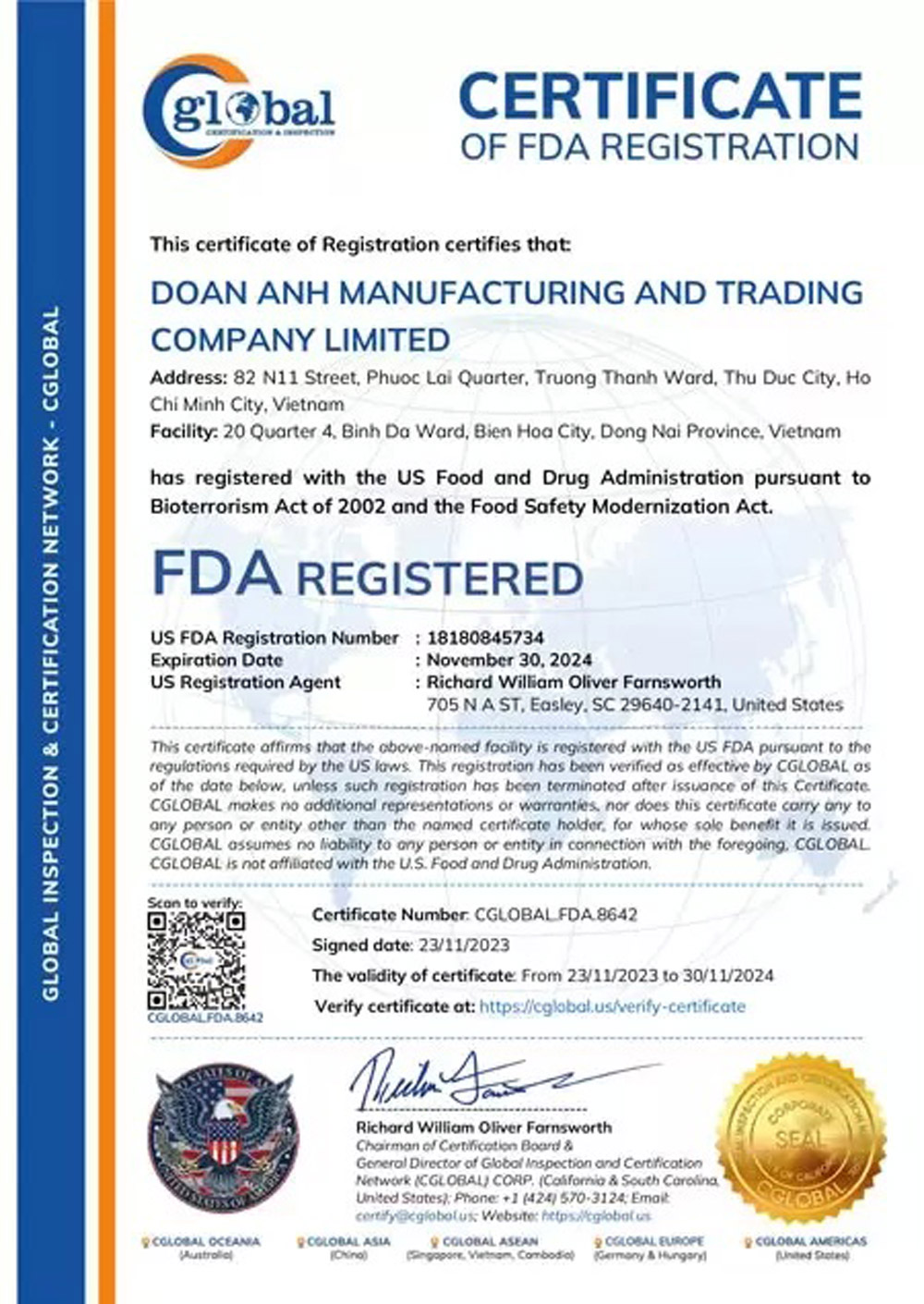 Đoàn Anh FoodTech đạt chứng nhận FDA