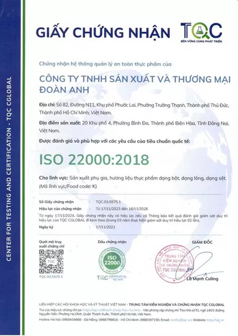 Đoàn Anh FoodTech đạt chứng nhận ISO 22000:2018
